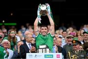 17 July 2022; Aaron Gillane of Limerick lifts the Liam MacCarthy Cup after the GAA Hurling All-Ireland Senior Championship Final match between Kilkenny and Limerick at Croke Park in Dublin. Photo by Stephen McCarthy/Sportsfile