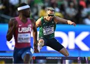 17 July 2022; Thomas Barr of Ireland, right, on his way to finishing 5th in his men's 400m hurdles semi-final during day three of the World Athletics Championships at Hayward Field in Eugene, Oregon, USA. Photo by Sam Barnes/Sportsfile
