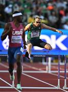 17 July 2022; Thomas Barr of Ireland, right, on his way to finishing 5th in his men's 400m hurdles semi-final during day three of the World Athletics Championships at Hayward Field in Eugene, Oregon, USA. Photo by Sam Barnes/Sportsfile