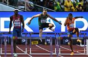 17 July 2022; Thomas Barr of Ireland, centre, on his way to finishing 5th in his men's 400m hurdles semi-final during day three of the World Athletics Championships at Hayward Field in Eugene, Oregon, USA. Photo by Sam Barnes/Sportsfile