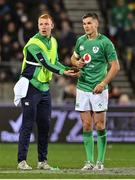 16 July 2022; Ciaran Frawley, left, takes the kicking tee from Jonathan Sexton of Ireland after a penalty during the Steinlager Series match between the New Zealand and Ireland at Sky Stadium in Wellington, New Zealand. Photo by Brendan Moran/Sportsfile