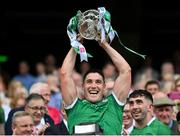 17 July 2022; Seán Finn of Limerick lifts the Liam MacCarthy Cup after the GAA Hurling All-Ireland Senior Championship Final match between Kilkenny and Limerick at Croke Park in Dublin. Photo by Stephen McCarthy/Sportsfile