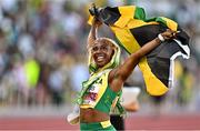 17 July 2022; Shelly-Ann Fraser-Pryce of Jamaica celebrates after winning gold in the women's 100m finals during day three of the World Athletics Championships at Hayward Field in Eugene, Oregon, USA. Photo by Sam Barnes/Sportsfile