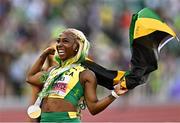 17 July 2022; Shelly-Ann Fraser-Pryce of Jamaica celebrates winning gold in the women's 100m finals during day three of the World Athletics Championships at Hayward Field in Eugene, Oregon, USA. Photo by Sam Barnes/Sportsfile