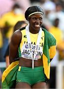 17 July 2022; Shericka Jackson of Jamaica celebrates winning silver in the women's 100m finals during day three of the World Athletics Championships at Hayward Field in Eugene, Oregon, USA. Photo by Sam Barnes/Sportsfile