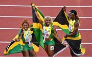 17 July 2022; Women's 100m medallists, from left, Elaine Thompson-Herah, Shelly-Ann Fraser-Pryce, and Shericka Jackson, all of Jamaica, celebrate after the women's 100m final  during day three of the World Athletics Championships at Hayward Field in Eugene, Oregon, USA. Photo by Sam Barnes/Sportsfile
