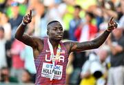 17 July 2022; Grant Holloway of USA celebrates after winning gold in the men's 110m hurdles during day three of the World Athletics Championships at Hayward Field in Eugene, Oregon, USA. Photo by Sam Barnes/Sportsfile