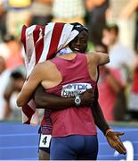 17 July 2022; Grant Holloway of USA, right, celebrates with team-mate Trey Cunningham after the won gold and silver respectively in the men's 110m hurdles final during day three of the World Athletics Championships at Hayward Field in Eugene, Oregon, USA. Photo by Sam Barnes/Sportsfile