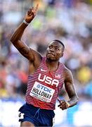 17 July 2022; Grant Holloway of USA celebrates  winning the men's 110m hurdles final during day three of the World Athletics Championships at Hayward Field in Eugene, Oregon, USA. Photo by Sam Barnes/Sportsfile