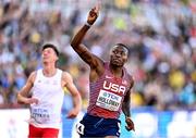 17 July 2022; Grant Holloway of USA celebrates winning the men's 110m hurdles final during day three of the World Athletics Championships at Hayward Field in Eugene, Oregon, USA. Photo by Sam Barnes/Sportsfile