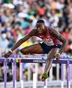 17 July 2022; Grant Holloway of USA on his way to winning the men's 110m hurdles final during day three of the World Athletics Championships at Hayward Field in Eugene, Oregon, USA. Photo by Sam Barnes/Sportsfile