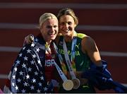 17 July 2022; Katie Nageotte of USA, left, celebrates with Nina Kennedy of Australia after winning gold and bronze respectively in the women's pole vault final during day three of the World Athletics Championships at Hayward Field in Eugene, Oregon, USA. Photo by Sam Barnes/Sportsfile