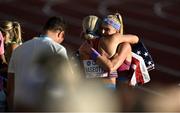 17 July 2022; Katie Nageotte of USA, left, and team-mate Sandi Morris embrace after winning gold and silver respectively in the women's pole vault final during day three of the World Athletics Championships at Hayward Field in Eugene, Oregon, USA. Photo by Sam Barnes/Sportsfile