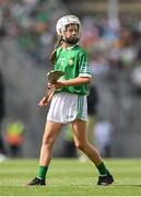 17 July 2022; Lucy Beecher, Scoil Mháirtín, Kilworth, Cork, representing Limerick, during the INTO Cumann na mBunscol GAA Respect Exhibition Go Games at half-time of the GAA All-Ireland Senior Hurling Championship Final match between Kilkenny and Limerick at Croke Park in Dublin. Photo by Stephen McCarthy/Sportsfile