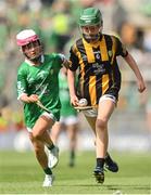 17 July 2022; Saoirse Fíobhuí, Scoil Lorcáín, An Charraig Dhubh, Átha Cliath, representing Kilkenny, and Alison McDonald, Snugboro N.S., Castlebar, Mayo, representing Limerick, during the INTO Cumann na mBunscol GAA Respect Exhibition Go Games at half-time of the GAA All-Ireland Senior Hurling Championship Final match between Kilkenny and Limerick at Croke Park in Dublin. Photo by Stephen McCarthy/Sportsfile