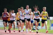 17 July 2022; Cian Kelly of St Abbans AC, Laois, left, Daire O Sullivan of Carraig-Na-Bhfear AC, Cork, and Cathaoir Purvis of North Belfast Harriers, right leading the field while competing in the 1500m during Irish Life Health National Junior and U23s T&F Championships in Tullamore, Offaly. Photo by George Tewkesbury/Sportsfile