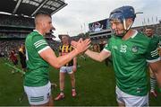 17 July 2022; Gearóid Hegarty, left, and David Reidy of Limerick celebrate after the GAA Hurling All-Ireland Senior Championship Final match between Kilkenny and Limerick at Croke Park in Dublin. Photo by Ramsey Cardy/Sportsfile