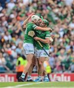 17 July 2022; Limerick players, from left, Kyle Hayes, Barry Nash and Seán Finn celebrate after the GAA Hurling All-Ireland Senior Championship Final match between Kilkenny and Limerick at Croke Park in Dublin. Photo by Stephen McCarthy/Sportsfile