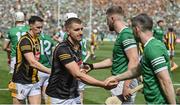 17 July 2022; Kilkenny goalkeeper Eoin Murphy shakes hands with Graeme Mulcahy of Limerick before the GAA Hurling All-Ireland Senior Championship Final match between Kilkenny and Limerick at Croke Park in Dublin. Photo by Seb Daly/Sportsfile