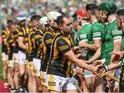 17 July 2022; Padraig Walsh shakes hands with Limerick players before the GAA Hurling All-Ireland Senior Championship Final match between Kilkenny and Limerick at Croke Park in Dublin. Photo by Seb Daly/Sportsfile