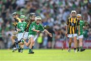 17 July 2022; Matthew Counihan, Glenville N.S., Glenville, Cork, representing Limerick, and Liam Dunne, St Mary’s B.N.S., Lucan, Dublin, representing Kilkenny, during the INTO Cumann na mBunscol GAA Respect Exhibition Go Games at half-time of the GAA All-Ireland Senior Hurling Championship Final match between Kilkenny and Limerick at Croke Park in Dublin. Photo by Ramsey Cardy/Sportsfile