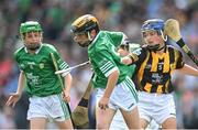 17 July 2022; Callum Kingston, Bunscoil Bhothar na Naomh, Lismore, Waterford, representing Limerick, is tackled by Paul Batten, St. Patrick's Boys' N.S., Hollypark, Blackrock, Dublin, representing Kilkenny, during the INTO Cumann na mBunscol GAA Respect Exhibition Go Games at half-time of the GAA All-Ireland Senior Hurling Championship Final match between Kilkenny and Limerick at Croke Park in Dublin. Photo by Ramsey Cardy/Sportsfile