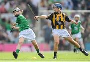 17 July 2022; Tadhg O Gorman, Rahealty, Thurles, Tipperary, representing Limerick, and Paul Batten, St. Patrick's Boys' N.S., Hollypark, Blackrock, Dublin, representing Kilkenny, during the INTO Cumann na mBunscol GAA Respect Exhibition Go Games at half-time of the GAA All-Ireland Senior Hurling Championship Final match between Kilkenny and Limerick at Croke Park in Dublin. Photo by Ramsey Cardy/Sportsfile