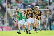 17 July 2022; Tadhg O Gorman, Rahealty, Thurles, Tipperary, representing Limerick, and Paul Batten, St. Patrick's Boys' N.S., Hollypark, Blackrock, Dublin, representing Kilkenny, during the INTO Cumann na mBunscol GAA Respect Exhibition Go Games at half-time of the GAA All-Ireland Senior Hurling Championship Final match between Kilkenny and Limerick at Croke Park in Dublin. Photo by Ramsey Cardy/Sportsfile