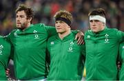16 July 2022; Ireland players, from left, Caelan Doris, Josh van der Flier, Dan Sheehan during the national anthems before the Steinlager Series match between the New Zealand and Ireland at Sky Stadium in Wellington, New Zealand. Photo by Brendan Moran/Sportsfile