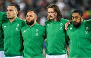 16 July 2022; Ireland players, from left, James Lowe, Jamison Gibson Park, Mack Hansen and Bundee Aki during the national anthems before the Steinlager Series match between the New Zealand and Ireland at Sky Stadium in Wellington, New Zealand. Photo by Brendan Moran/Sportsfile