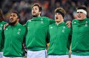 16 July 2022; Ireland players, from left, Bundee Aki, Caelan Doris, Josh van der Flier and Dan Sheehan during the national anthems before the Steinlager Series match between the New Zealand and Ireland at Sky Stadium in Wellington, New Zealand. Photo by Brendan Moran/Sportsfile