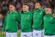 16 July 2022; Ireland players, from left, captain Jonathan Sexton, Peter O’Mahony, Tadhg Beirne and Tadhg Furlong during the national anthems before the Steinlager Series match between the New Zealand and Ireland at Sky Stadium in Wellington, New Zealand. Photo by Brendan Moran/Sportsfile
