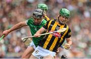 17 July 2022; Eoin Cody of Kilkenny in action against Gearóid Hegarty of Limerick during the GAA Hurling All-Ireland Senior Championship Final match between Kilkenny and Limerick at Croke Park in Dublin. Photo by Ramsey Cardy/Sportsfile
