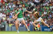 17 July 2022; Kyle Hayes of Limerick in action against Paddy Deegan of Kilkenny during the GAA Hurling All-Ireland Senior Championship Final match between Kilkenny and Limerick at Croke Park in Dublin. Photo by Ramsey Cardy/Sportsfile