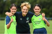 18 July 2022; Republic of Ireland women's team manager Vera Pauw with Kathryn Lynch, left, and Emily Duffy during a visit to the INTERSPORT Elverys FAI Summer Soccer Schools Camp at PRL Park in Greenogue, Dublin. Photo by Stephen McCarthy/Sportsfile
