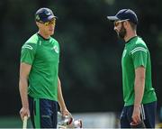 18 July 2022; Harry Tector, left, and Andrew Balbirnie of Ireland before the Men's T20 International match between Ireland and New Zealand at Stormont in Belfast. Photo by Ramsey Cardy/Sportsfile