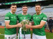 17 July 2022; Diarmaid Byrnes, 5, captain Declan Hannon and Dan Morrissey of Limerick with the Liam MacCarthy Cup after the GAA Hurling All-Ireland Senior Championship Final match between Kilkenny and Limerick at Croke Park in Dublin. Photo by Ray McManus/Sportsfile