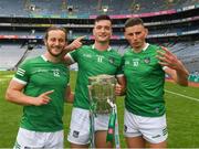 17 July 2022; Tom Morrissey, Kyle Hayes and Gearóid Hegarty of Limerick with the Liam MacCarthy Cup after the GAA Hurling All-Ireland Senior Championship Final match between Kilkenny and Limerick at Croke Park in Dublin. Photo by Ray McManus/Sportsfile