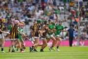 17 July 2022; Isbeal Ni Uigin, Scoil Sean tSráide N.S., Adare, Limerick, representing Limerick and Rachel Murphy, Scoil Mhoiling N.S., Tullogher, Kilkenny, representing Kilkenny during the INTO Cumann na mBunscol GAA Respect Exhibition Go Games at half-time of the GAA All-Ireland Senior Hurling Championship Final match between Kilkenny and Limerick at Croke Park in Dublin. Photo by Ray McManus/Sportsfile
