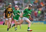 17 July 2022; Katie Conlon, Holy Family Senior School, Ennis, Clare, representing Limerick and Saoirse Fíobhuí, Scoil Lorcáín, An Charraig Dhubh, Co. Átha Cliath, representing Kilkenny  during the INTO Cumann na mBunscol GAA Respect Exhibition Go Games at half-time of the GAA All-Ireland Senior Hurling Championship Final match between Kilkenny and Limerick at Croke Park in Dublin. Photo by Ray McManus/Sportsfile