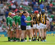 17 July 2022; Players greet each other before the INTO Cumann na mBunscol GAA Respect Exhibition Go Games at half-time of the GAA All-Ireland Senior Hurling Championship Final match between Kilkenny and Limerick at Croke Park in Dublin. Photo by Ray McManus/Sportsfile