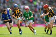 17 July 2022; Alison McDonald, Snugboro N.S., Castlebar, Mayo, representing Limerick with Bryanne Kennedy, Loreto PS, Rathfarnham, Dublin, representing Kilkenny, left, and Chloe Doyle, Scoil Mhuire GNS, Lucan, Dublin, representing Kilkenny during the INTO Cumann na mBunscol GAA Respect Exhibition Go Games at half-time of the GAA All-Ireland Senior Hurling Championship Final match between Kilkenny and Limerick at Croke Park in Dublin. Photo by Ray McManus/Sportsfile