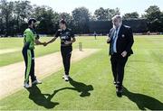 18 July 2022; Ireland captain Andrew Balbirnie shakes hands with New Zealand captain Mitchell Santner before the Men's T20 International match between Ireland and New Zealand at Stormont in Belfast. Photo by Ramsey Cardy/Sportsfile