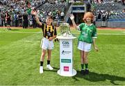 17 July 2022; Mascots and Cuala GAA players Oleksardz Rosolvych and Dasha Harbarchuk bring out the Liam MacCarthy Cup before the GAA Hurling All-Ireland Senior Championship Final match between Kilkenny and Limerick at Croke Park in Dublin. Photo by Seb Daly/Sportsfile