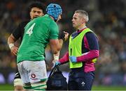 16 July 2022; Tadhg Beirne of Ireland with team doctor Ciaran Cosgrave during the Steinlager Series match between the New Zealand and Ireland at Sky Stadium in Wellington, New Zealand. Photo by Brendan Moran/Sportsfile