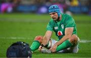 16 July 2022; Tadhg Beirne of Ireland fixes his studs during the Steinlager Series match between the New Zealand and Ireland at Sky Stadium in Wellington, New Zealand. Photo by Brendan Moran/Sportsfile