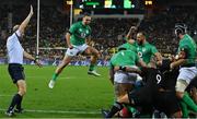 16 July 2022; James Lowe of Ireland celebrates his side's first try, scored by teammate Josh van der Flier, not pictured, during the Steinlager Series match between the New Zealand and Ireland at Sky Stadium in Wellington, New Zealand. Photo by Brendan Moran/Sportsfile