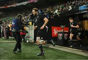 16 July 2022; Sam Whitelock, left, and Beauden Barrett of New Zealand run onto the pitch before the Steinlager Series match between the New Zealand and Ireland at Sky Stadium in Wellington, New Zealand. Photo by Brendan Moran/Sportsfile