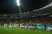 16 July 2022; The Ireland team leave the pitch after their warm-up before the Steinlager Series match between the New Zealand and Ireland at Sky Stadium in Wellington, New Zealand. Photo by Brendan Moran/Sportsfile