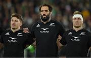 16 July 2022; New Zealand players, from left, Beauden Barrett, Sam Whitelock and captain Sam Cane during the national anthems before the Steinlager Series match between the New Zealand and Ireland at Sky Stadium in Wellington, New Zealand. Photo by Brendan Moran/Sportsfile